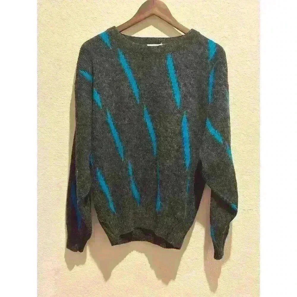 VTG Nicolas Allen Womens Size M Pattern Knit Pullover Sweater Gray Blue Crewneck